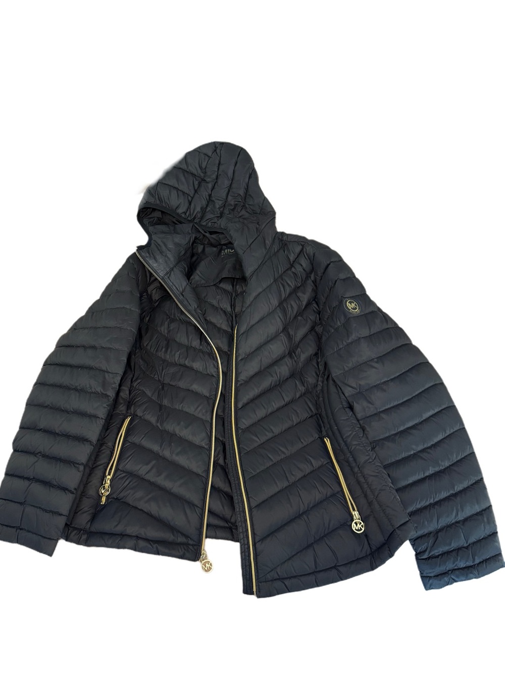 MICHAEL Michael Kors Black Quilted Hooded Puffer with Gold Zippers